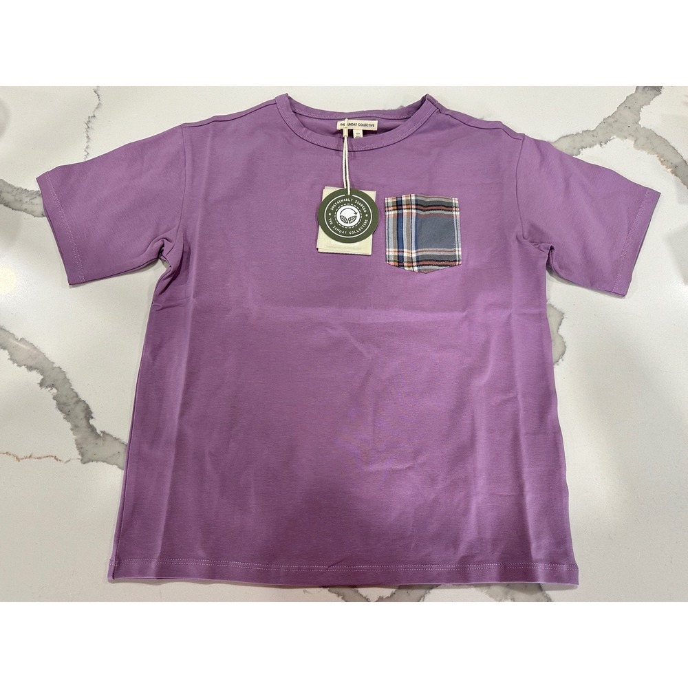 The Sunday Collective Kids Orchid Mist Purple Plaid Pocket T-Shirt Size 8-9Y NEW